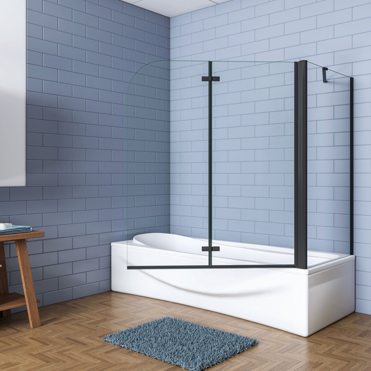 Aica Luxe Badwand 120x80x140cm-2-Delig Inklapbaar 6mm Transparant Easy Clean Gehard Glas-mat zwart-Eenvoudige Montage