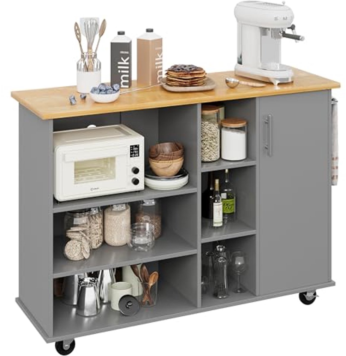 Keuken Eiland Kar met 6 Open Planken en 1 Kast - Draagbare Trolley met Houten Werkblad