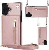 Étui avec cordon iPhone 16 - Portefeuille Solidenz - Étui téléphone avec cordon - Étui portefeuille - Étui avec cordon - Coque arrière avec cordon - Or rose