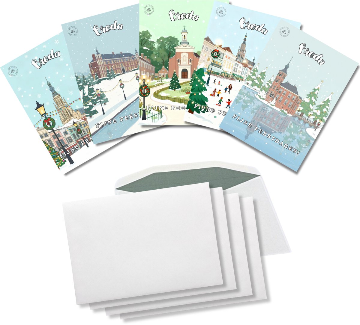 Inspra Studio – Luxe Kerstkaarten met Enveloppen – 5 Stuks – Breda Stad Wenskaarten – Artistieke Illustraties van Nederlandse Steden