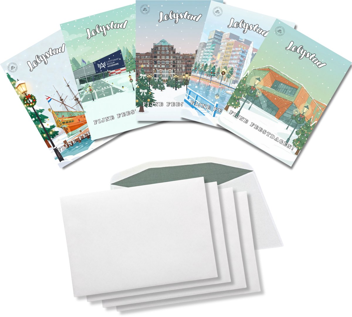 Inspra Studio – Luxe Kerstkaarten met Enveloppen – 5 Stuks – Lelystad Stad Wenskaarten – Artistieke Illustraties van Nederlandse Steden