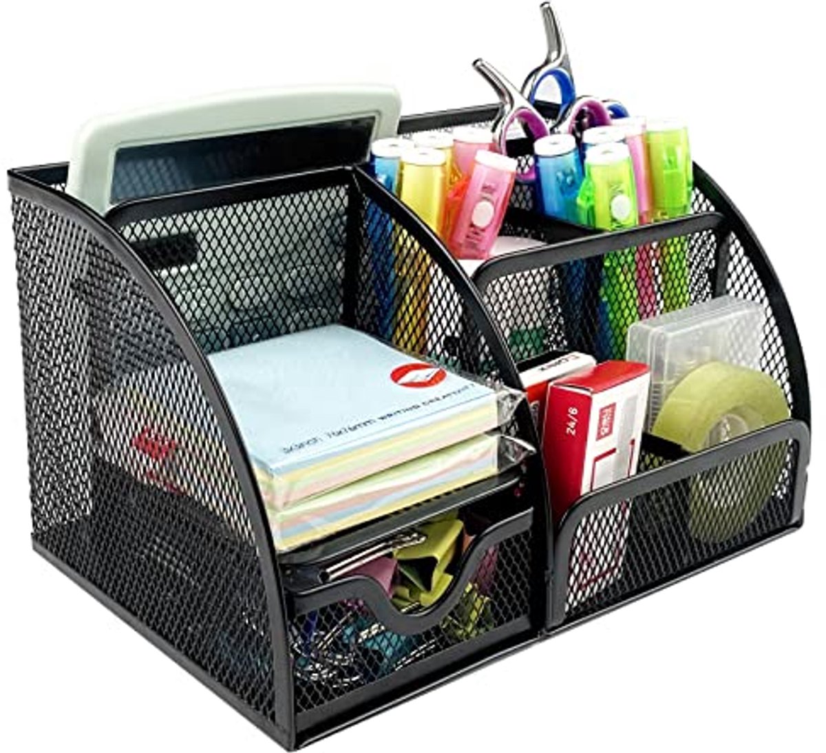 Bureau-organizer met 7 vakken - Zwart, Metalen net met uittrekbare lade