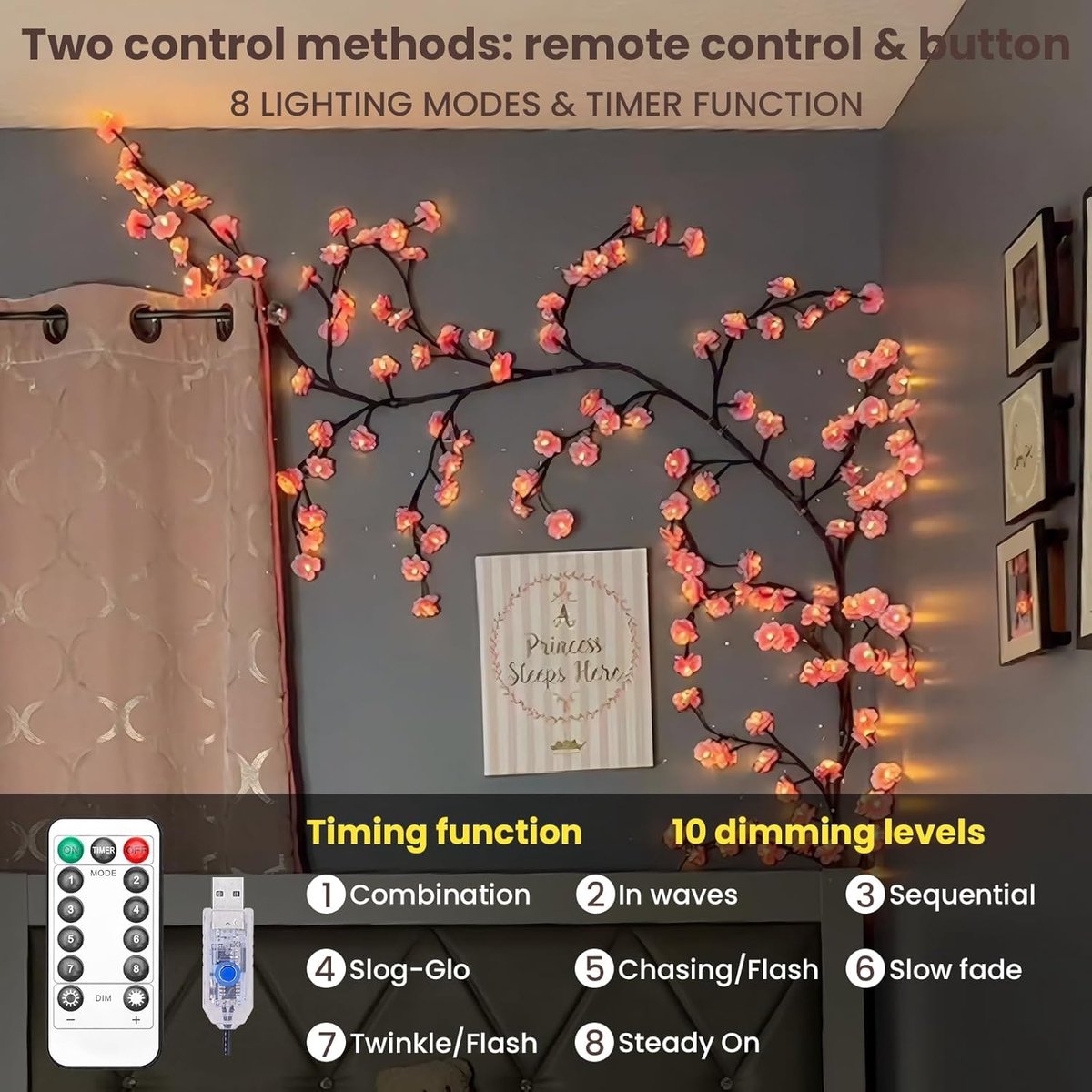 Lichtsnoer - Kersen LED-takverlichting voor muren - Decoratieve slinger van kersenbloesemwilgenranken - Wordt geleverd met 72 LED-lampjes en afstandsbediening - 8 verlichtingsstanden - Kerstdecoratie voor binnen voor muren, deuren en ramen - 1,6 m – foto 2