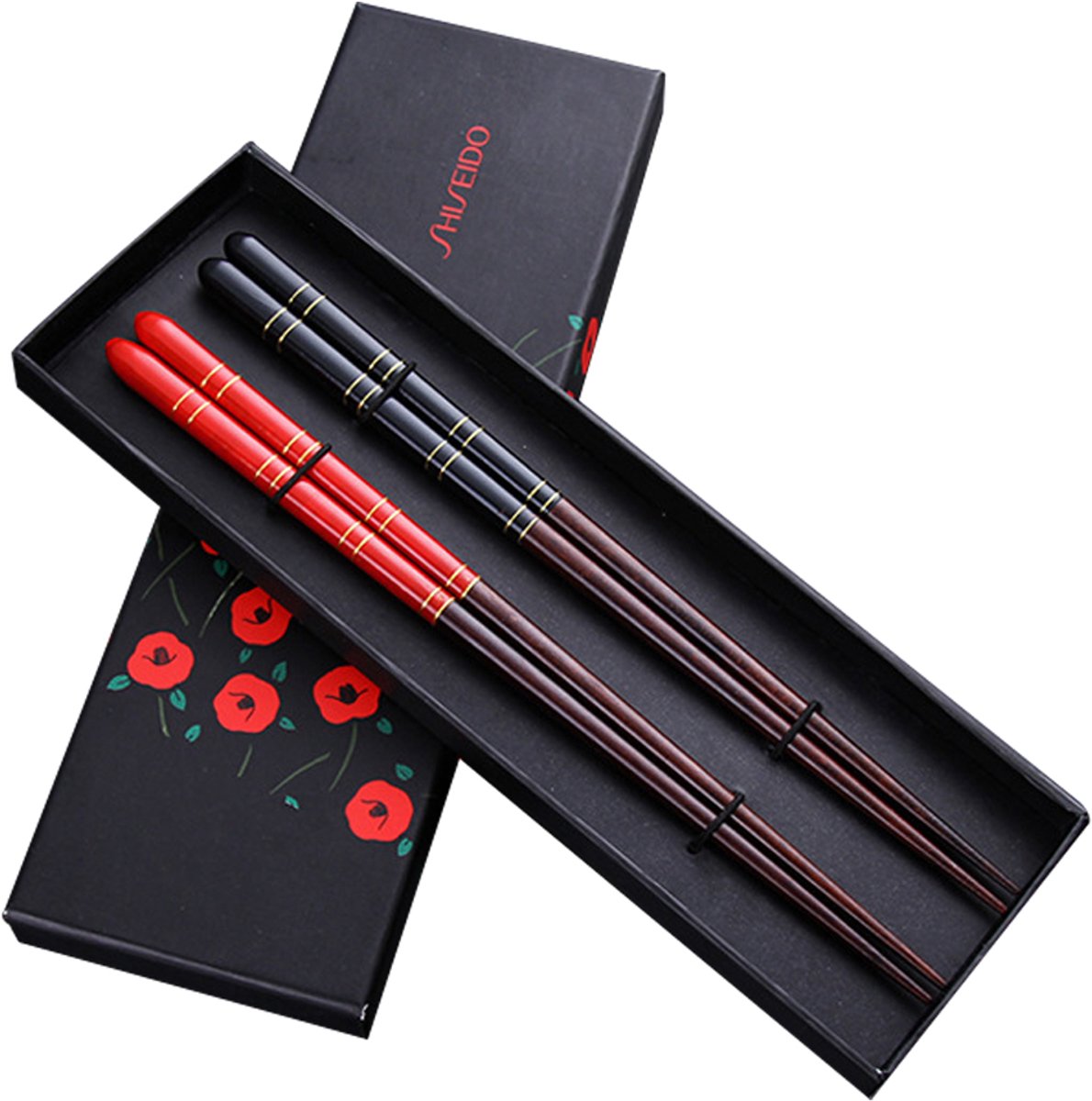 Cuhostki-2-Paar-Houten-Eetstokjes-Artisiek-Zwart-Rood-Geschenk