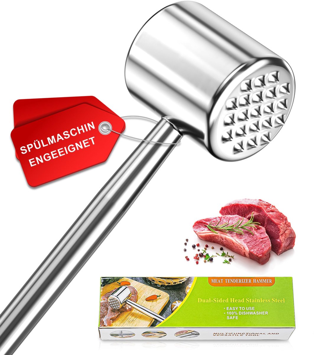 Stainless Steel Meat Hammer, Double-Sided Meat Hammer, Dishwasher Safe, Schnitzel Beater for Steaks and Cutlets - Silver