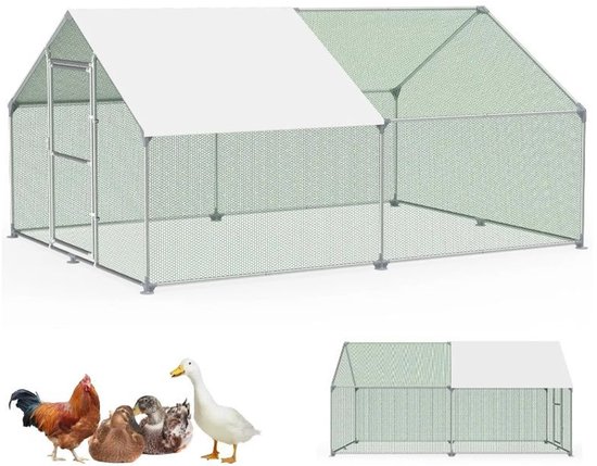 Kippenren Buitenren 2x1x1,5m – Verzinkt Stalen Frame, Waterdicht Zonnedak, Veilige Deur Met Vergrendeling, Geschikt Voor Kippen, Konijnen, Eenden En Katten, Eenvoudig Te Monteren