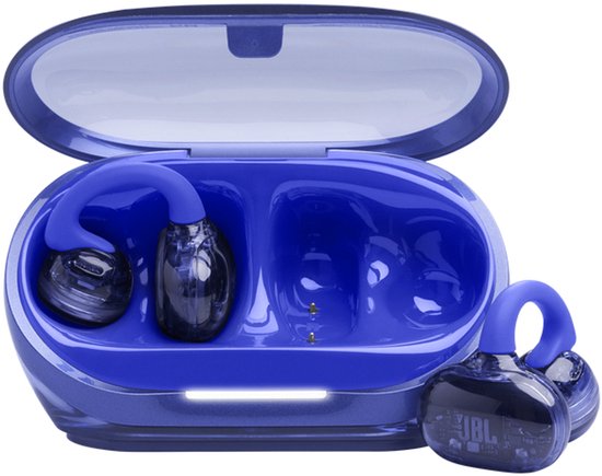 Blauwe JBL oordopjes met oorclips in een open blauwe oplader.