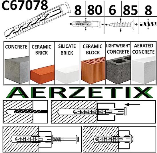 AERZETIX - C67085 - Set van 25 universele pluggen 10 x 140 mm met flens afgeschuind / gefreesd - van polyamide - metselwerk bevestiging beton baksteen beton beton bouwwerkzaamheden schroef constructie