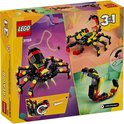 LEGO Creator 3in1 doos met 3 wilde dieren: spin, schorpioen en slang in zwart, rood en geel.