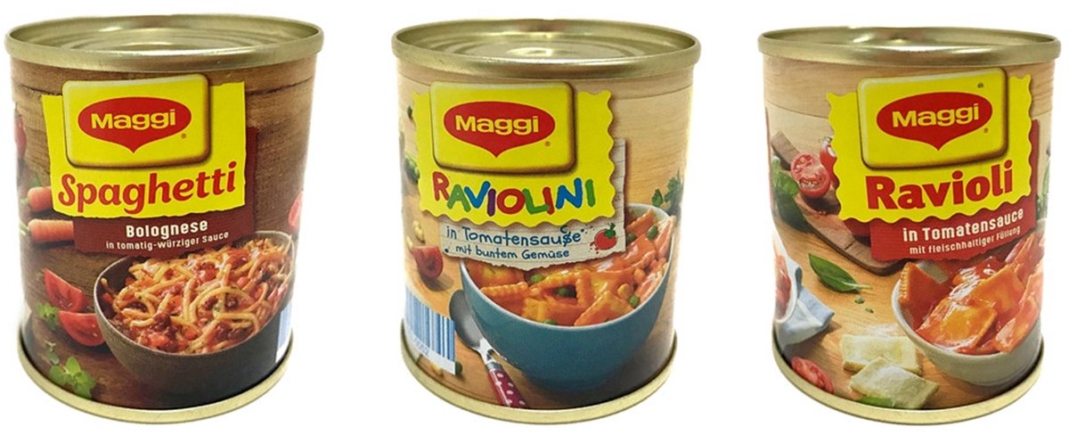Tanner Maggi speelgoedblikken pasta set - 3 metalen blikjes voor winkeltje.
