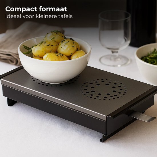 Lomera Warmhoudplaat - Rechaud - 2 Branders - Waxinelichtjes - Voedselverwarmer - Non-Stick Coating - Aluminium Rooster - Roestvrijstaal Basis - Zwart - Gelijkmatige Verwarming - Handvaten - Afneembaar Rooster - Kaarsjesdover — afbeelding 3