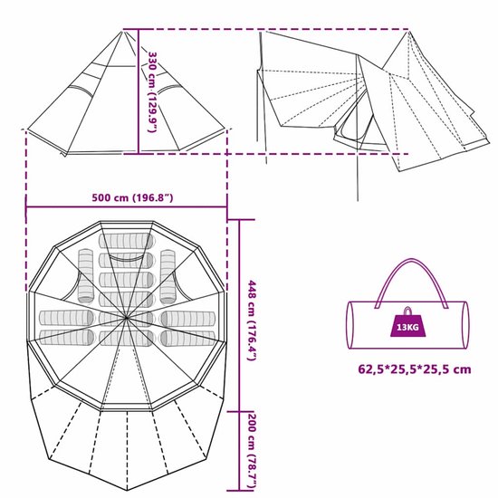 vidaXL - Gezinstent - Tipi - Groen - 12-Persoons - Waterdicht van Vidaxl — afbeelding 4