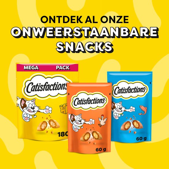 Drie zakjes Catisfactions kattensnoepjes in geel, oranje en blauw. Tekst: 'Ontdek al onze onweerstaanbare snacks'.