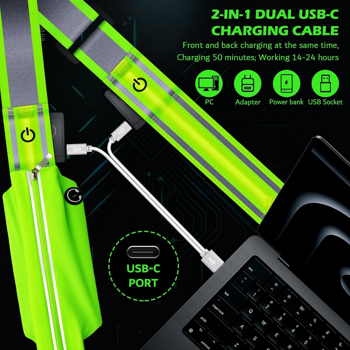 Lampe Running LED Rechargeable USB Avec Bracelets Réfléchissants, 3 Modes, Ceinture Lumineuse 360° Et Mousqueton – Sécurité Et Confort Pour Coureurs Et Marcheurs
