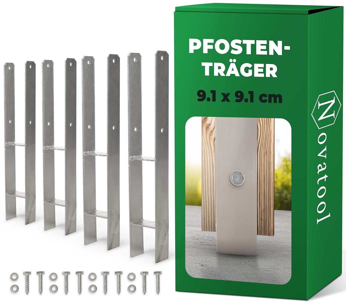 Novatool 4x grondhulsset H-vorm 91x91x600 mm, grondhuls parasolpaalhouder hekpaal houten paal grondhuls grondpen om in te slaan, verzinkt, met schroeven