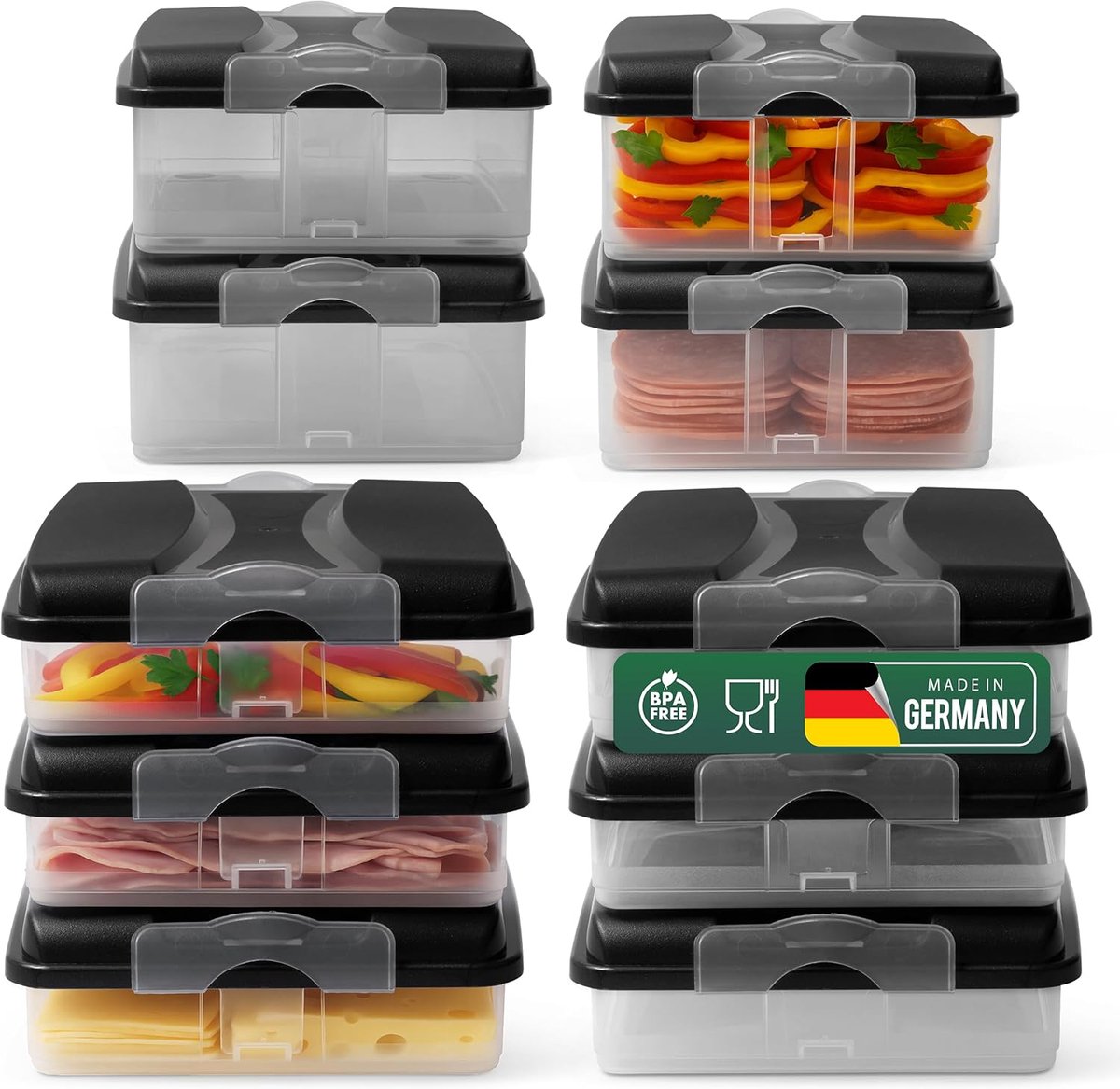 Novaliv voedselcontainers (6x klein + 4x groot + 10x deksels), stapelbaar voor koelkast en vriezer, set opslagcontainers, opbergdoosorganizer, voor vleeswaren, worst, kaas, fruit, groenten, maaltijdvoorbereiding