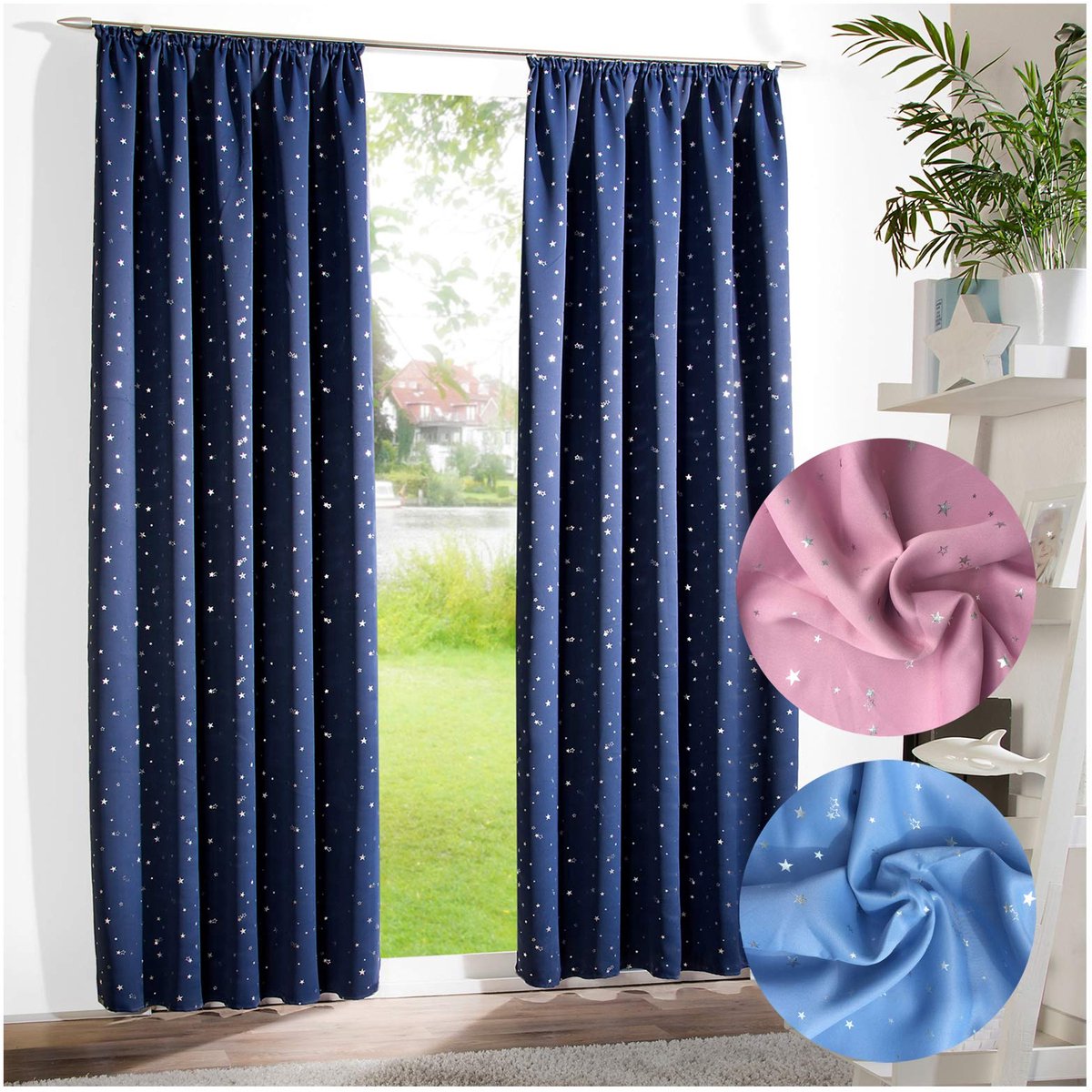 Ibenzoa Donkerblauw verduisteringsgordijn met zilveren sterren en plooiband 175x135 cm Nachtblauw Zilver