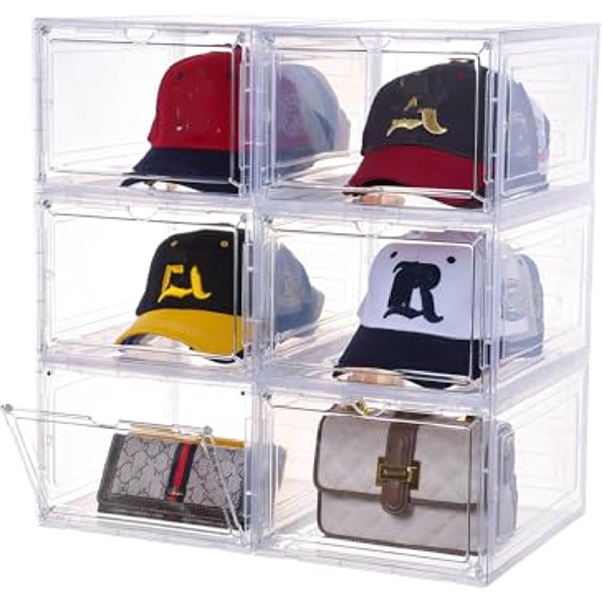 Transparante Hoedorganizer Set van 6 - Stapelbare Hoedenhouder met Magnetische Deur
