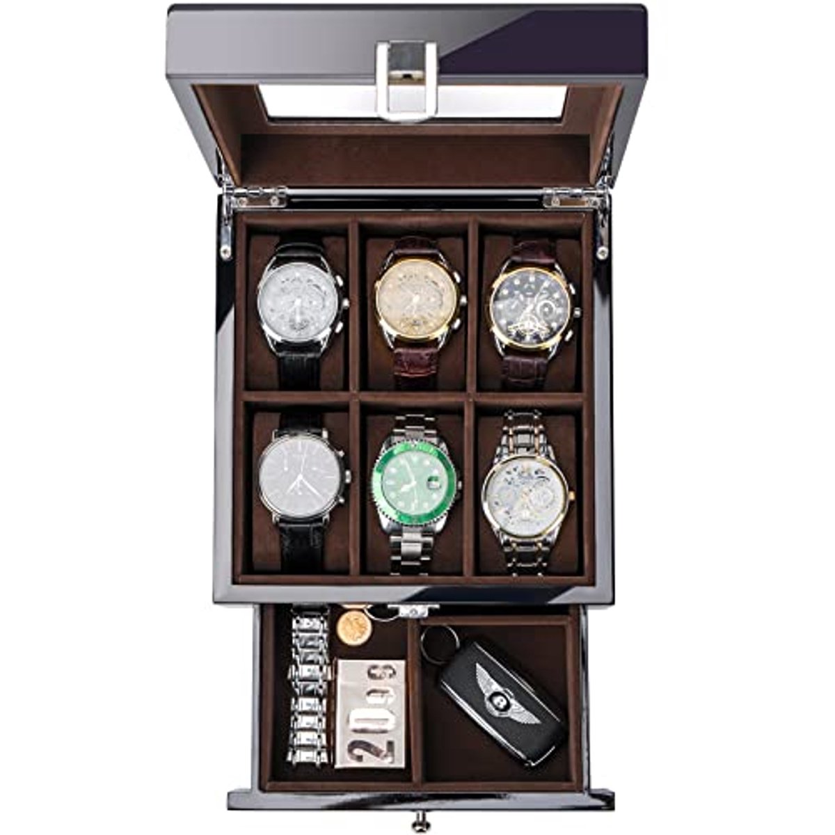 Houten Horlogedoos met 6 Compartimenten voor Mannen - Luxe Horloge Organiser met Glazen Dekkings - 2 Laags Display Doos voor Polshorloges - Vaderdag Cadeau - Zwart