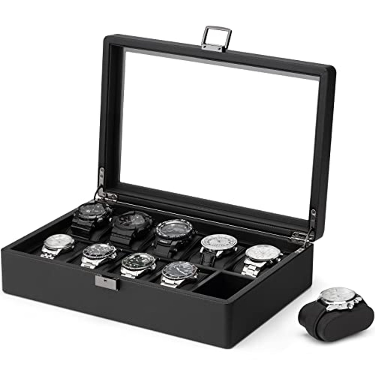 Horlogedoos met 10 vakken en glazen deksel - Horlogeverzamelaar Opbergdoos voor Heren