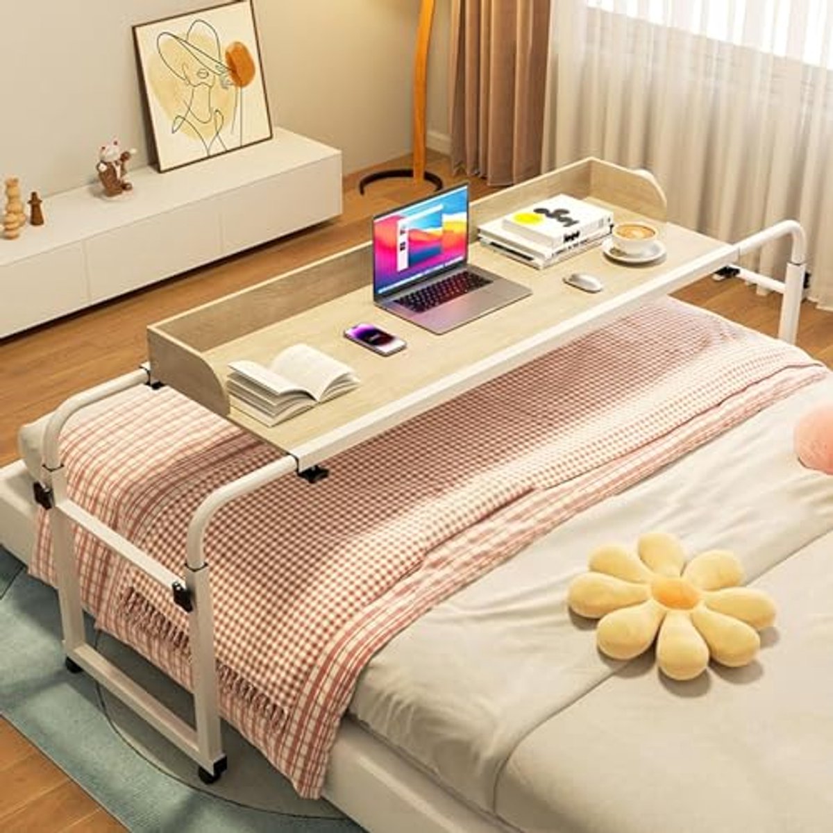 Verstelbare Overbed Laptop Trolley met Wielen - Mobiele Bureau Tafel voor Thuiswerk