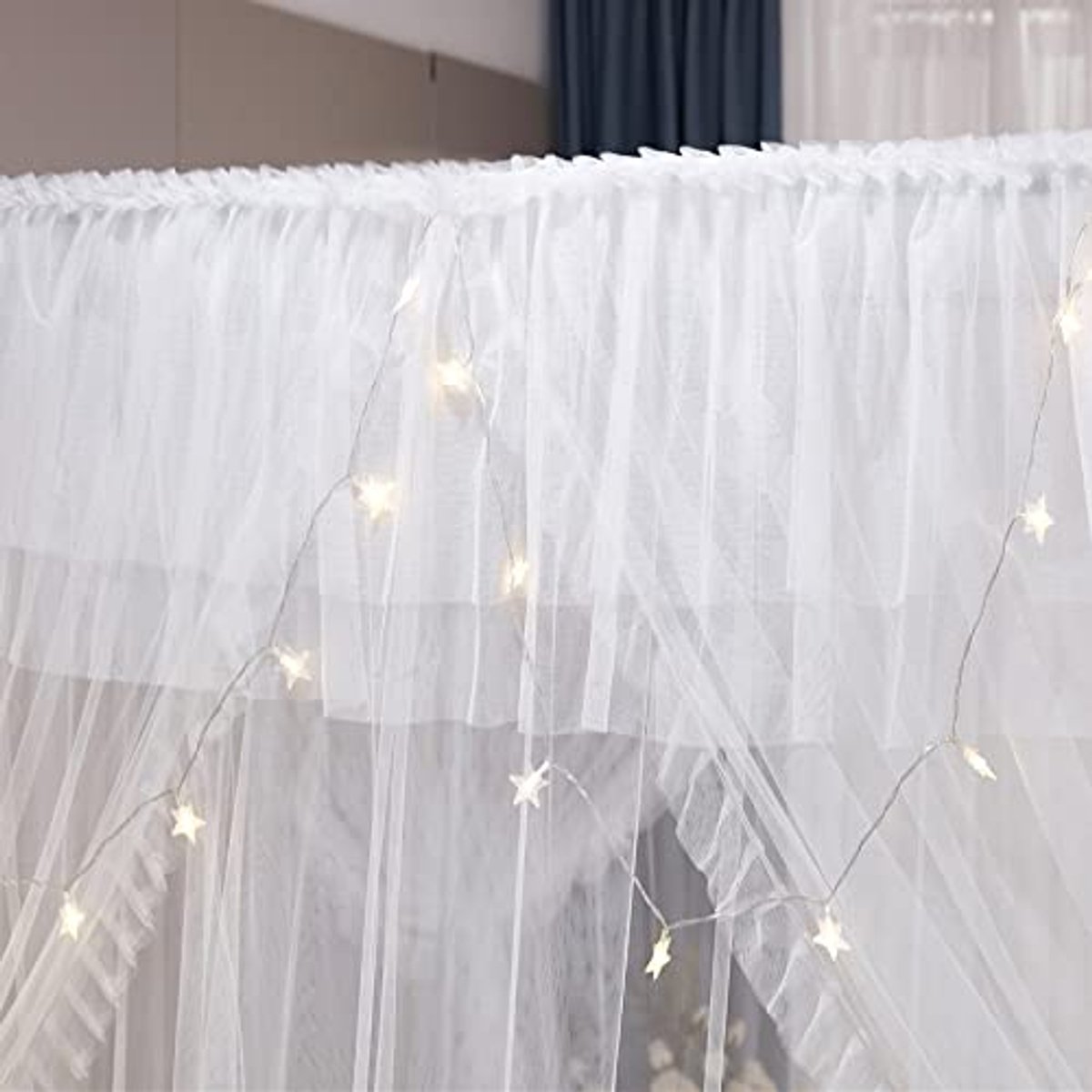 Image of 4 Hoeken Prinses Bed Luifel Gordijn - Dubbellaags Ruche Muggennet voor Slaapkamer Decoratie (Wit, 53" B* 78" L* 82" H)