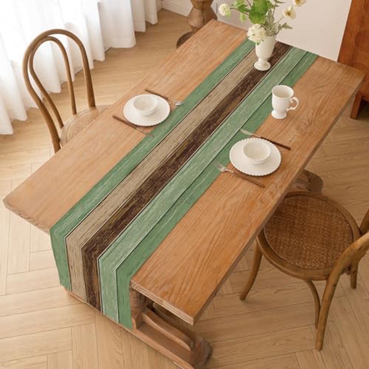 Saliegroen Tafelloper van Antiek Rustiek Hout - Moderne Keuken Decoratie 40 x 140 cm