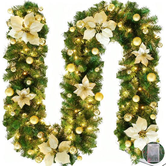 Guirlandes met verlichting-Kerstversiering-Guirlande met verlichting-Kerstkrans met LED-lampjes - 30 LED-lampjes-1,8 m - Kunstmatige rotan kerstkrans - Geschikt voor voordeur, open haard, trap, kerstversiering - Goud