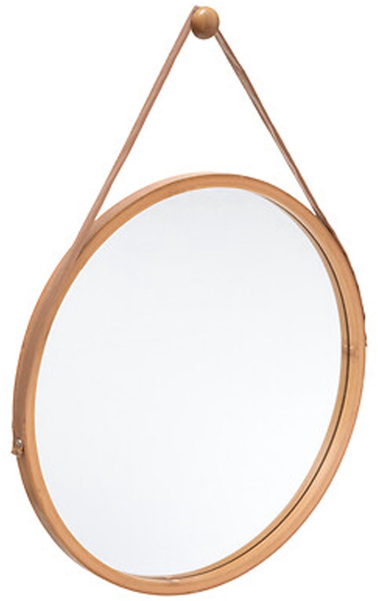 5Five® 5five Wandspiegel met ophanghaak - rond - bamboo - leer - D38 cm Lichtbruin