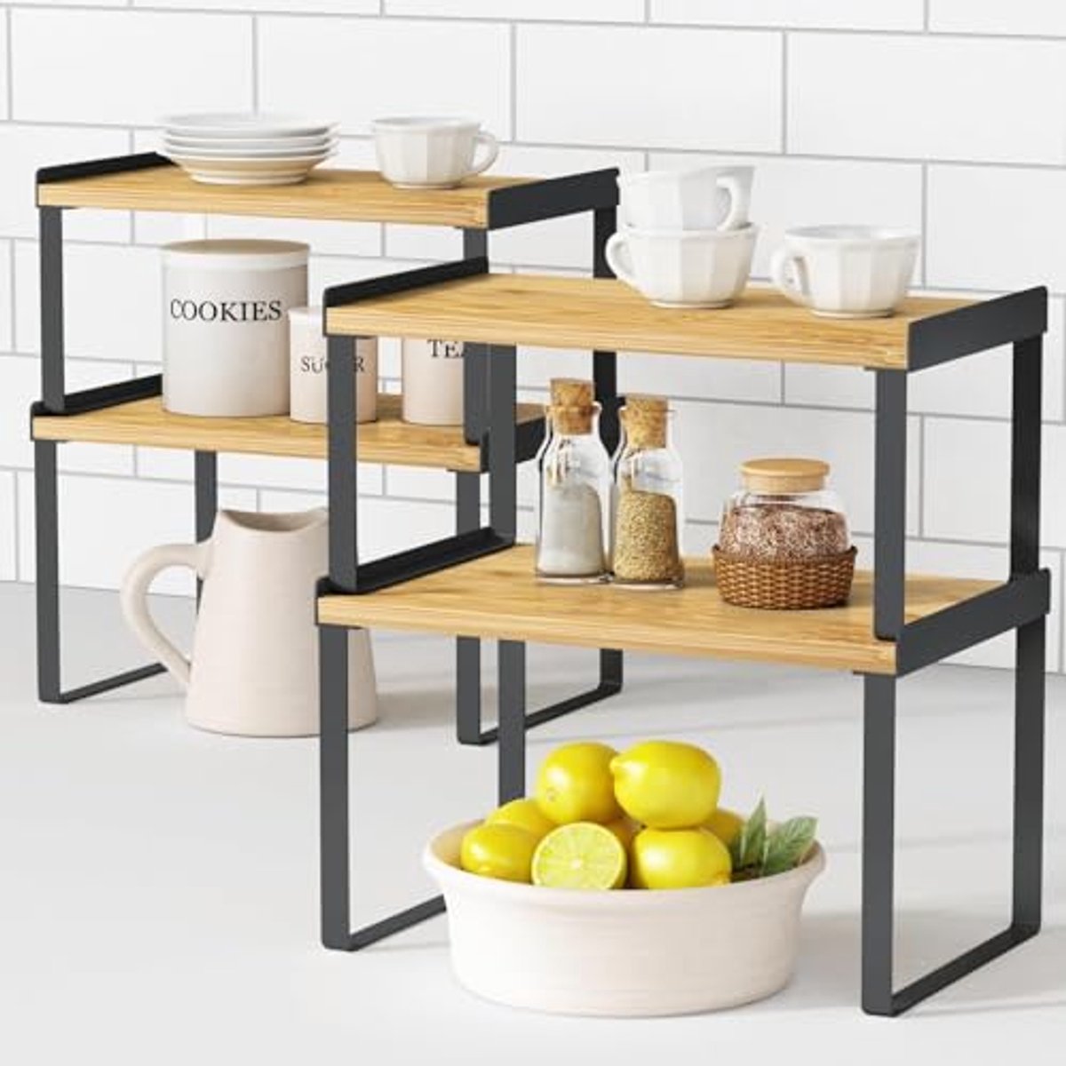 Set van 4 Stapelbare Planken voor Aanrecht en Hoekorganizer - Bamboehout Zwart