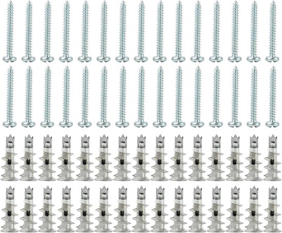 30 stuks gipsplaatpluggen, met 30 schroeven, spouwpluggen, zelfborende gipsplaatpluggen, metaal, bevestigingsmiddelen van zinklegering voor bevestiging in gipsplaat, gipsvezelplaten, beton, baksteen
