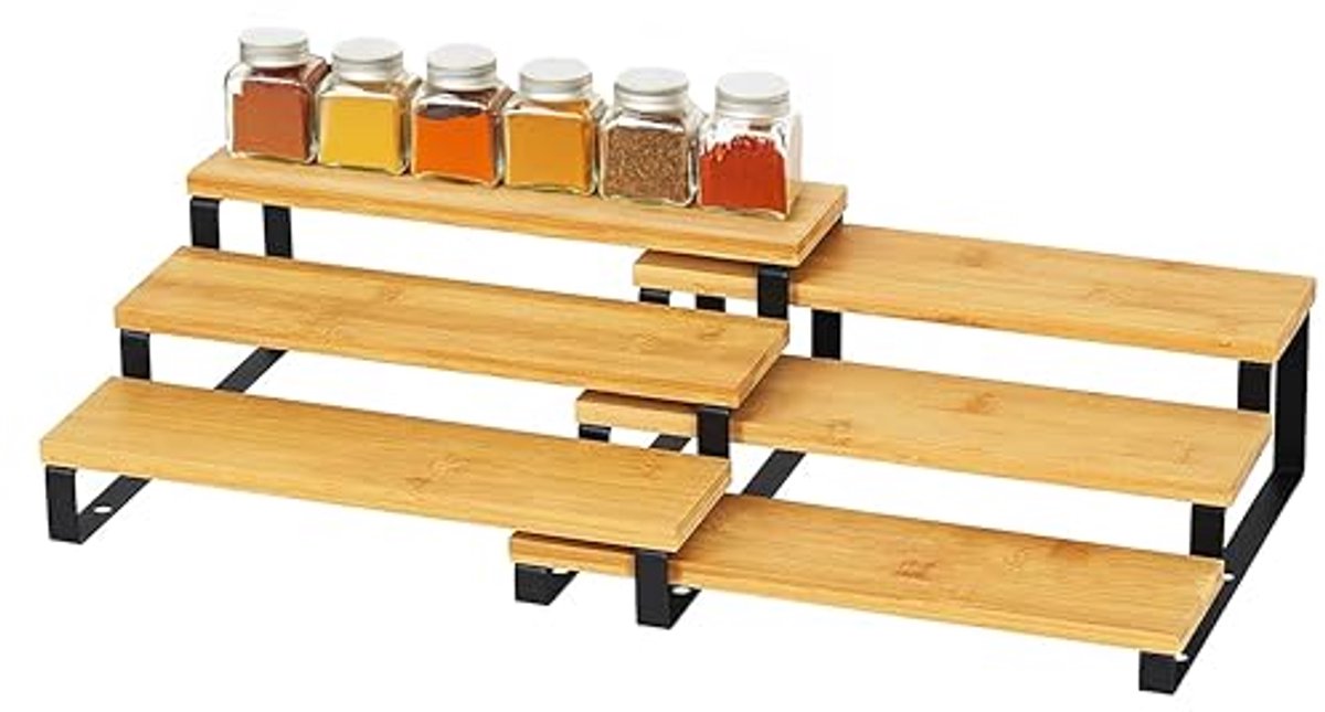 Uitbreidbaar kruidenrek van bamboe en metaal - 3-laags organizer voor keuken en badkamer