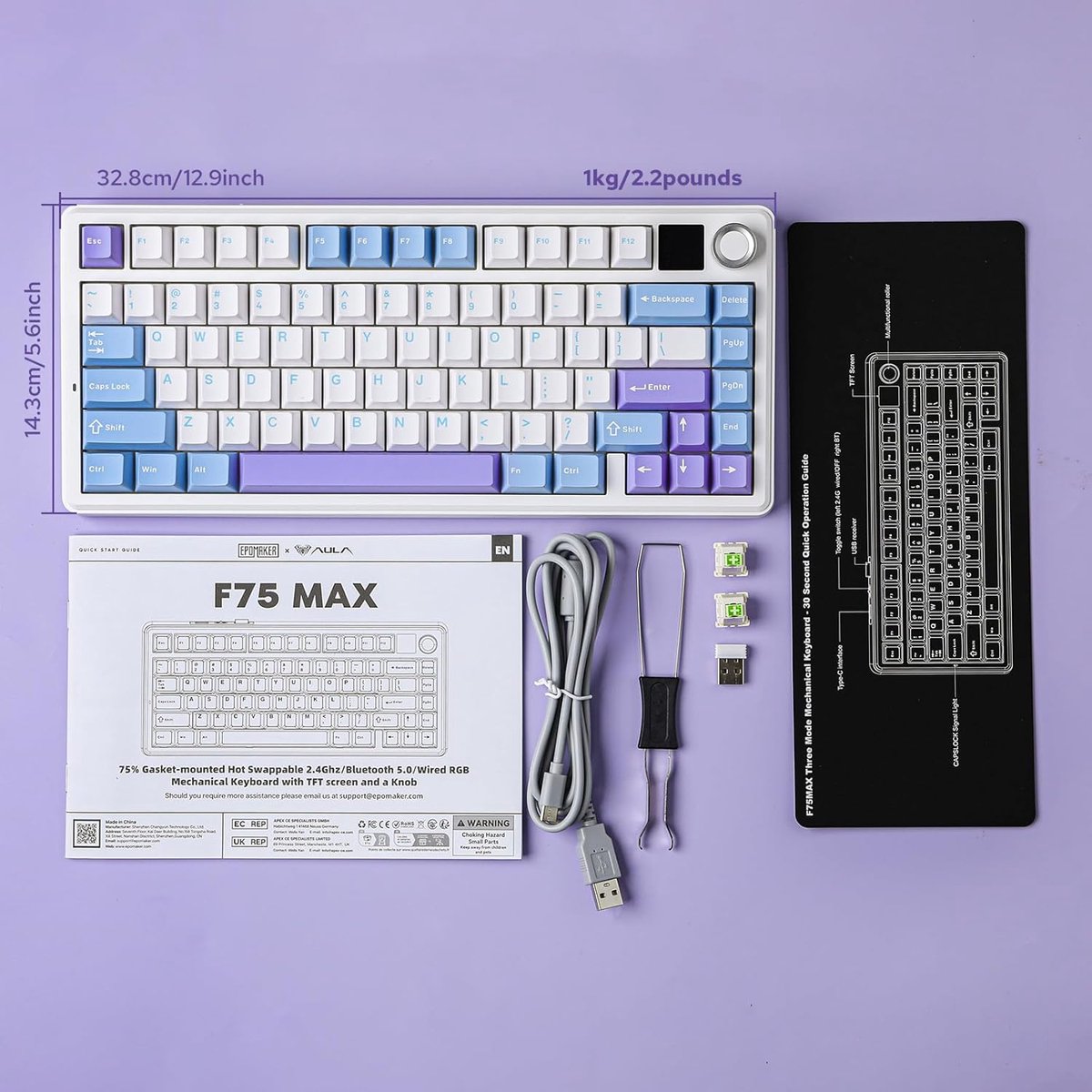 EPOMAKER X Aula F75 MAX Draadloos Mechanisch Toetsenbord met TFT-scherm en knop, Gasket 75% US Layout, Hot Swappable Gaming toetsenbord voor PC/Mac/Linux (Wit Paars, Reaper schakelaar
