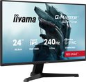 Monitor met aan de voorkant een futuristisch figuur, 'iilymama' en 'G-MASTER G2471HS RED EAGLE' tekst. Specificaties: 24 inch, 240Hz.