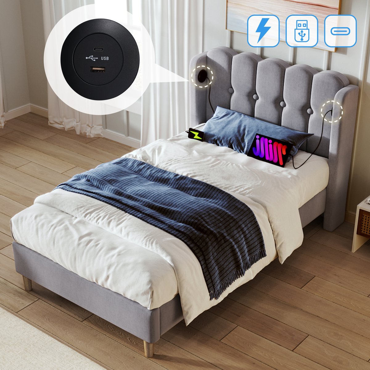 SINGULARITY-Gestoffeerd bed eenpersoonsbed met USB Type C- bedframe met lattenbodem- bed i
