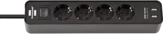 Ecolor stekkerdoos met USB 4-voudig zwart/zwart 1,5m H05VV-F 3G1,5 met schakelaar