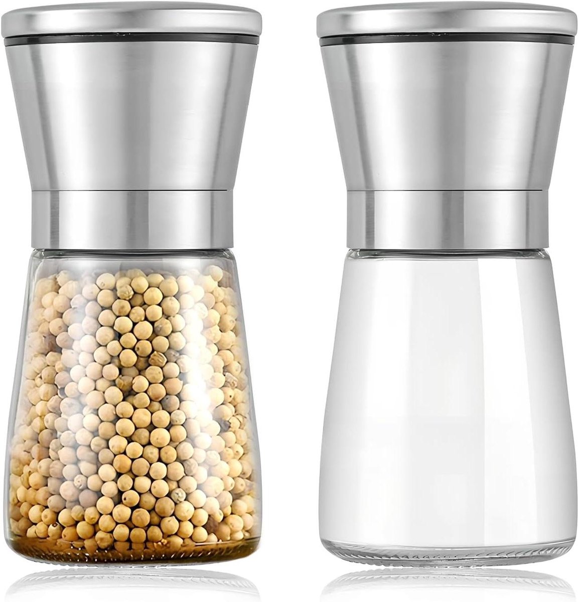 Allecto plus - Kruidenmolens set van 2 met instelbare keramische molen - Zout en pepermolen voor peper, zout, specerijen - Pepermolen klein glas 180 ml