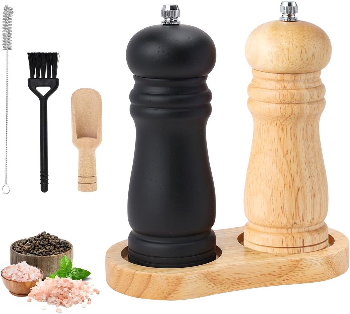 Orivio - Houten zout- en pepermolen set voor keuken - Handmatige 6 inch pepermolen - Verstelbare grofheid - Navulbare pepermolen met keramische kern - Borstel en lepel - Hout en zwart