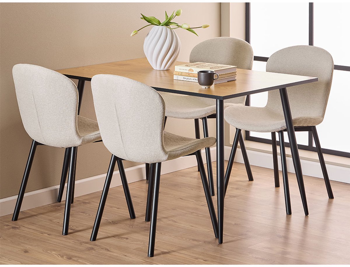 Wilma eethoek tafel met 4 stoelen natuur, beige.
