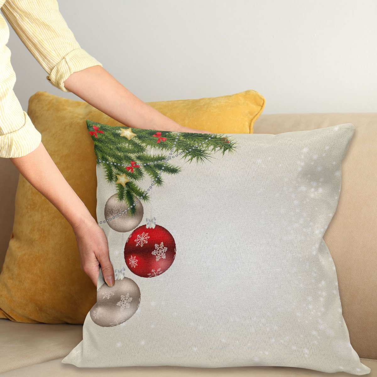 New Bed Kerstmis Boom Decoratieve Kussenhoes met Rits Dubbelzijdige Print voor Woonkamer Upgrade, 66cm x 66cm Beige Rood Groen