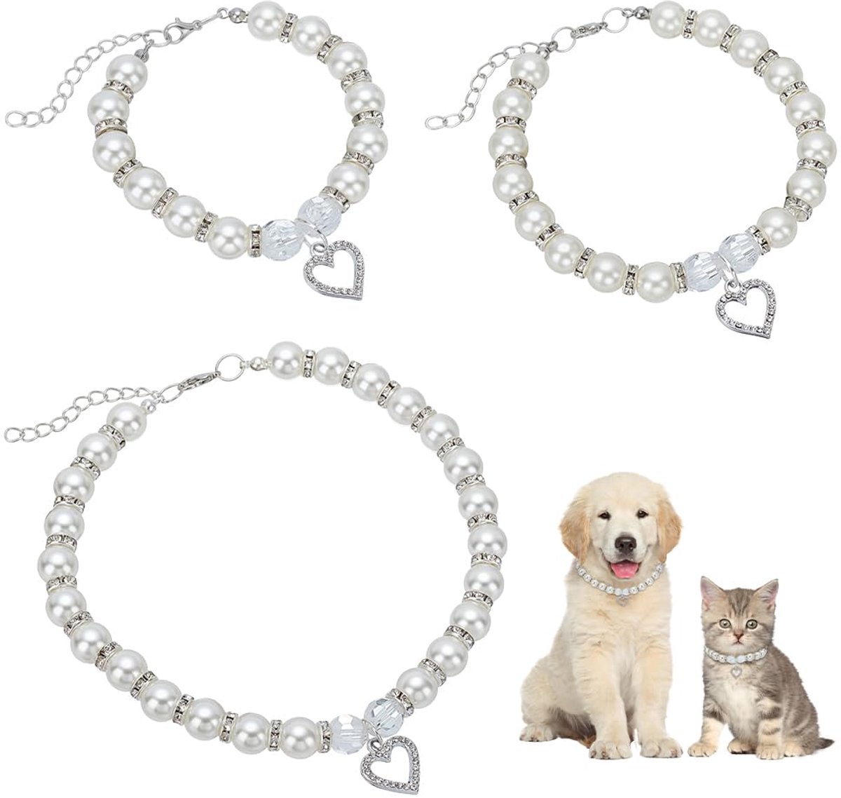 3 stuks hars imitatie parel kralen huisdier kettingen met ijzeren strass hart bedels witte kleur kleine middelgrote grote 3 maten met verlengde ketting parel kralen kraag kettingen voor