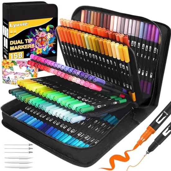 Set van 120 viltstiften voor kinderen en volwassenen, markeerstiften voor manga, design en doe-het-zelfprojecten, viltstiften in praktische zwarte tas, ideaal voor strips, rendering en creatieve