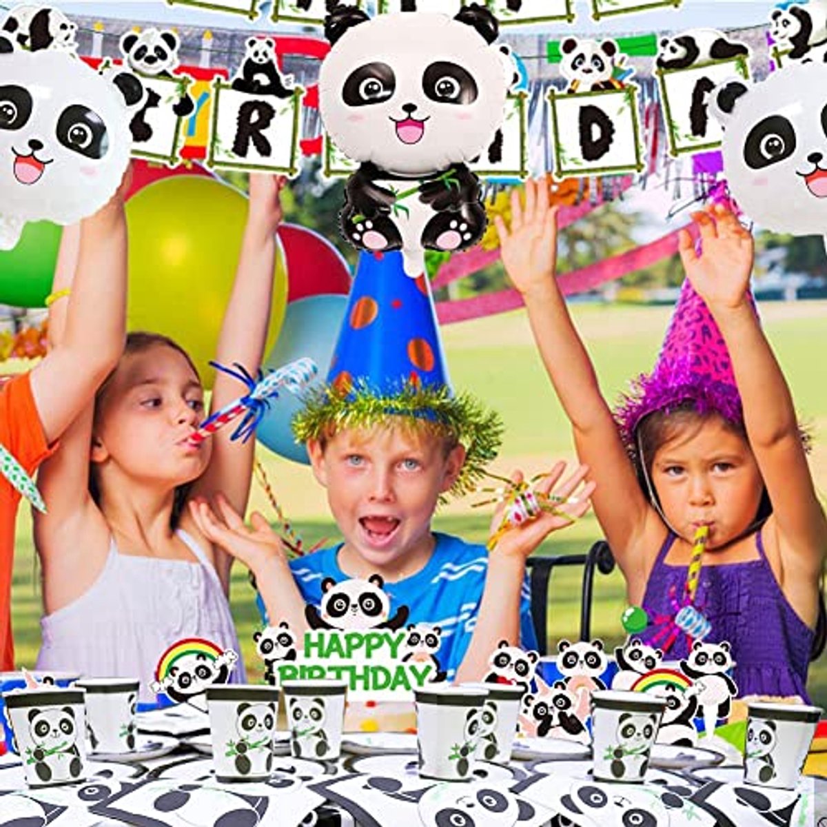 Image of 61-delige serviesset voor panda-feestjes - Borden, Kopjes, Servetten, en Tafelkleed voor een Perfecte Panda Verjaardag
