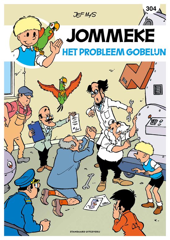 Cover van Jommeke 304: Het probleem Gobelijn. Jommeke en een papegaai kijken toe hoe Gobelijn en anderen aan een machine werken.
