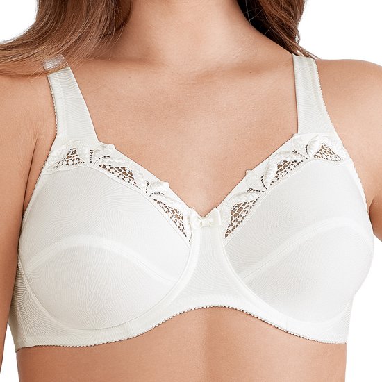 Witte beugel-bh met kant langs de bovenkant van de cups en een golvend patroon.