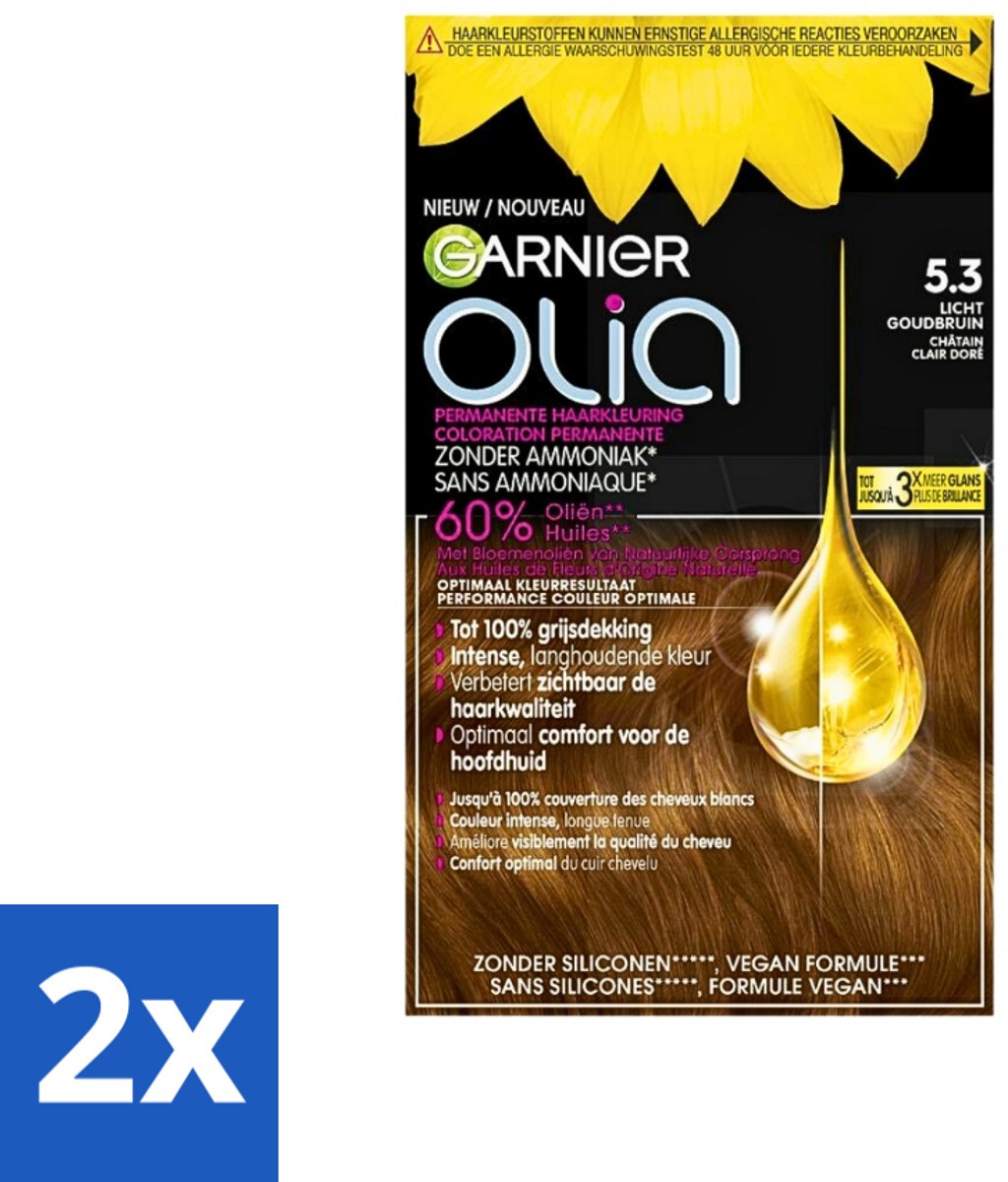 2 x Garnier - Olia 5.3 - Haarkleuring - Licht Goudbruin - Zonder Ammoniak - 60% Olie - Permanente Kleur - Permanente Haarkleur - Haarkleuring - Garnier Olia - Olie Delivery System - Grijsdekking