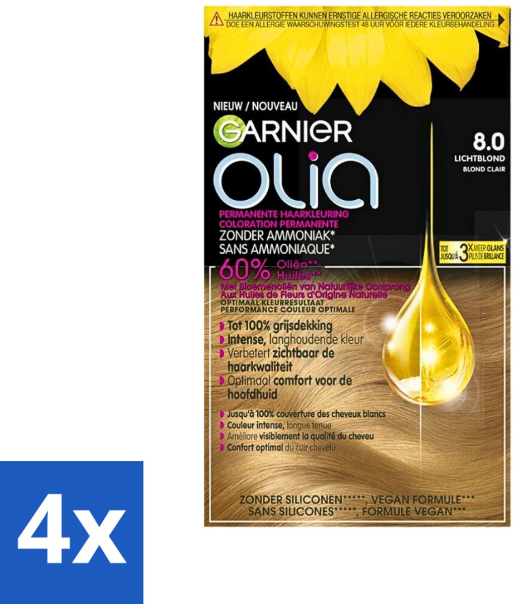 4 x Garnier - Olia 8 - Haarkleuring - Lichtblond - Zonder Ammoniak - 60% Olie - Permanente Kleur - Permanente Haarkleur - Haarkleur Zonder Ammoniak - Olia Garnier - Haarkleuring Blond - Grijsdekkende Haarkleur