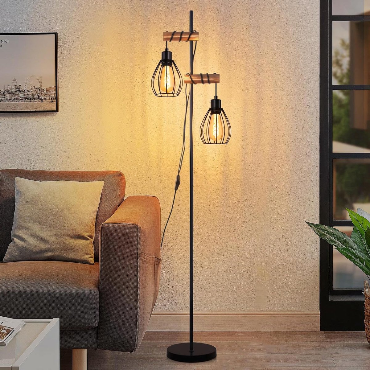 Glitzerlife Vintage Staande Lamp - Industrieel Zwart Hout & Metaal Vloerlamp - 2-lichts E27 Fitting met Kooi Lampenkap - Voor Woonkamer en Slaapkamer 152CM Zonder Lichtbron