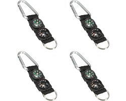 Set van 4 outdoor sport sleutelhangers met karabijnhaak, kompas, thermometer, mini-survival-multifunctioneel gereedschap voor outdoorsporten, wandelen, kamperen, zwart