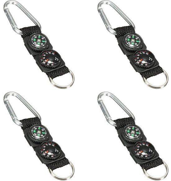 Set van 4 outdoor sport sleutelhangers met karabijnhaak, kompas, thermometer, mini-survival-multifunctioneel gereedschap voor outdoorsporten, wandelen, kamperen, zwart